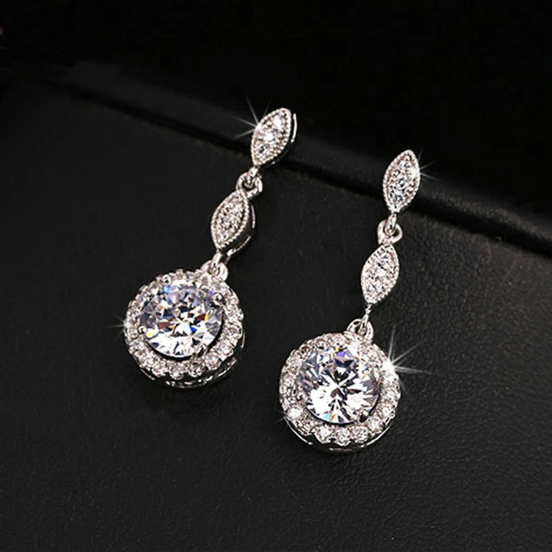 Vintage Silver Sparkling Round Crystal & Leaf Design Earrings-Mialla Jewelry