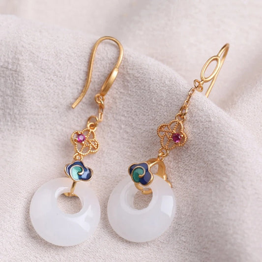 Vintage Gold White Jade Round Tassel Earrings-Mialla Jewelry