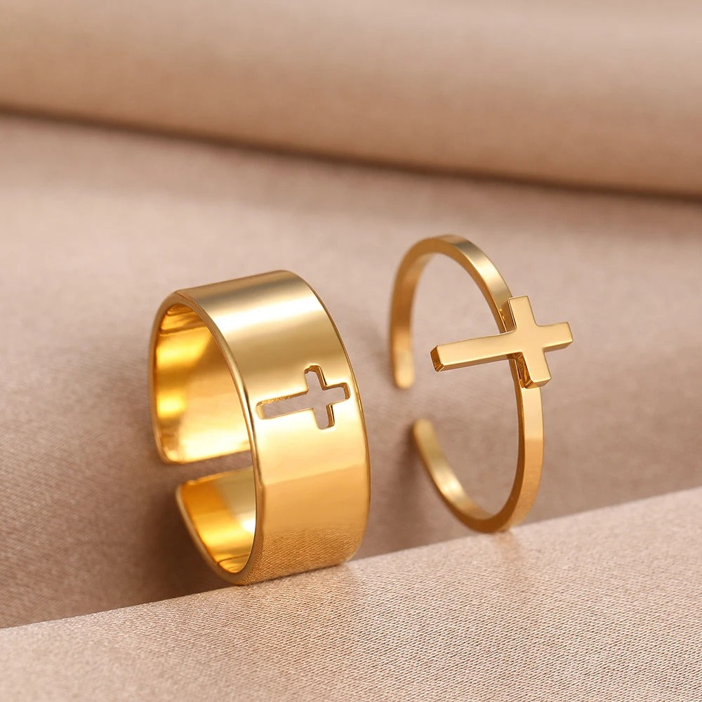 Matching Cross Gold Adjustable Ring Set-Mialla Jewelry