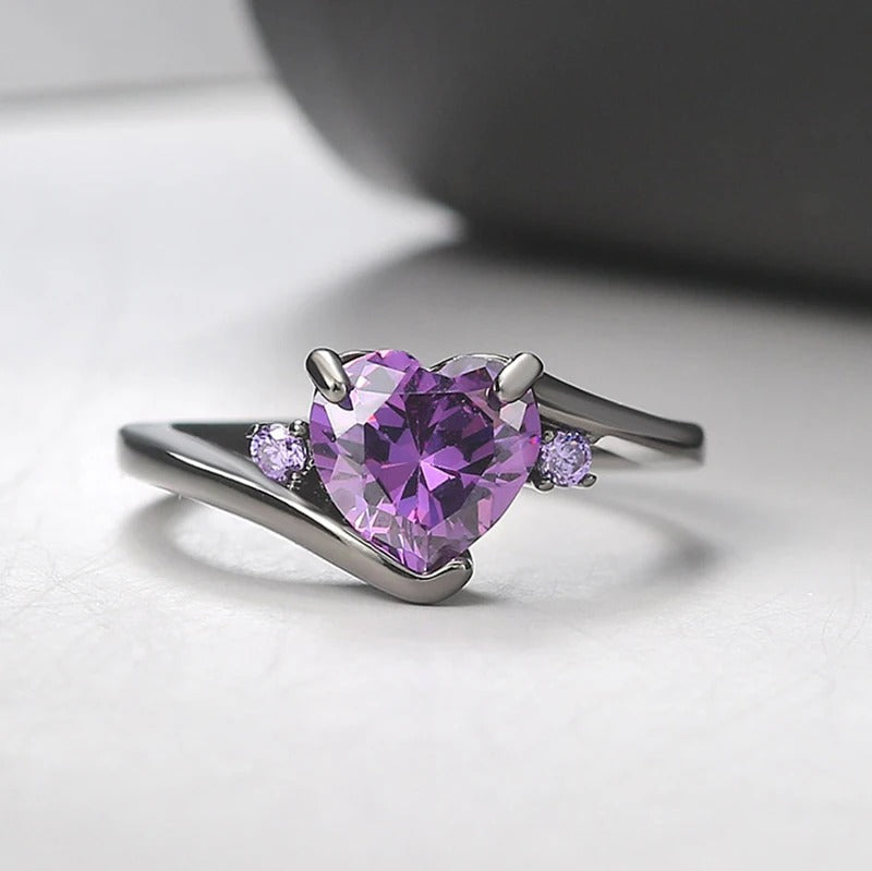 Silver Heart-Shaped Purple Gemstone Ring-Mialla Jewelry