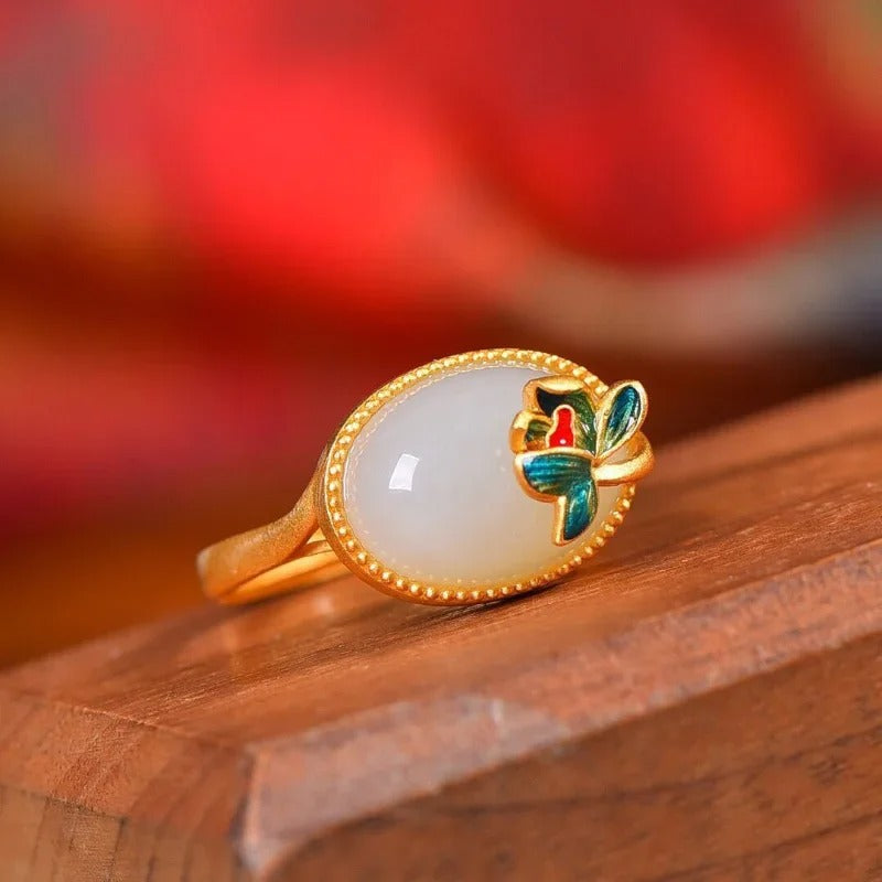 Classic Floral & Oval Gemstone Gold Adjustable Ring-Mialla Jewelry