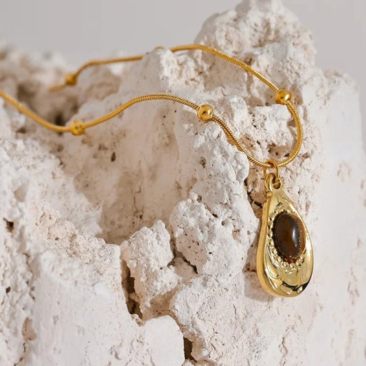 Vintage Gold Tiger Stone Pendant Necklace-Mialla Jewelry