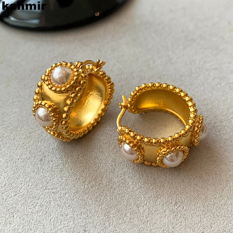 Gold Hoop Pearl Beaded Vintage Earrings-Mialla Jewelry