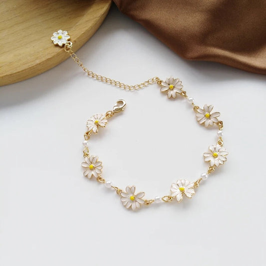 Vintage Pearl Gold White Flower Bracelet-Mialla Jewelry