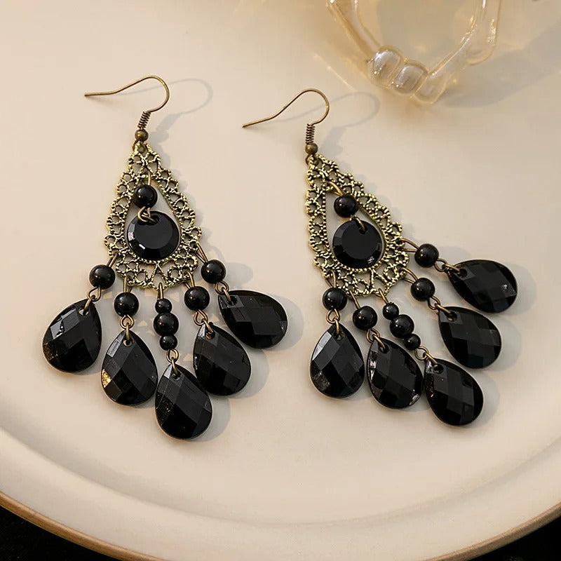 Peacock Feather Shape Black Tassel Dangle Earrings-Mialla Jewelry