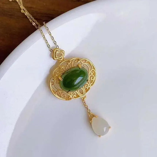 Classic Gold Green Stone & Teardrop Filigree Pendant Necklace-Mialla Jewelry