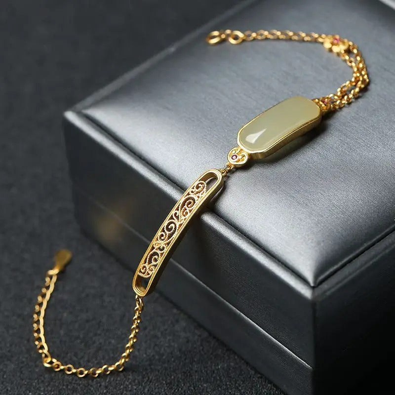 Classic Gold Green Gem & Floral Filigree Accent Bracelet-Mialla Jewelry