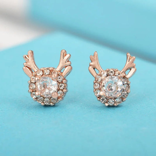 Vintage Rose Gold Reindeer Crystal Halo Stud Earrings-Mialla Jewelry