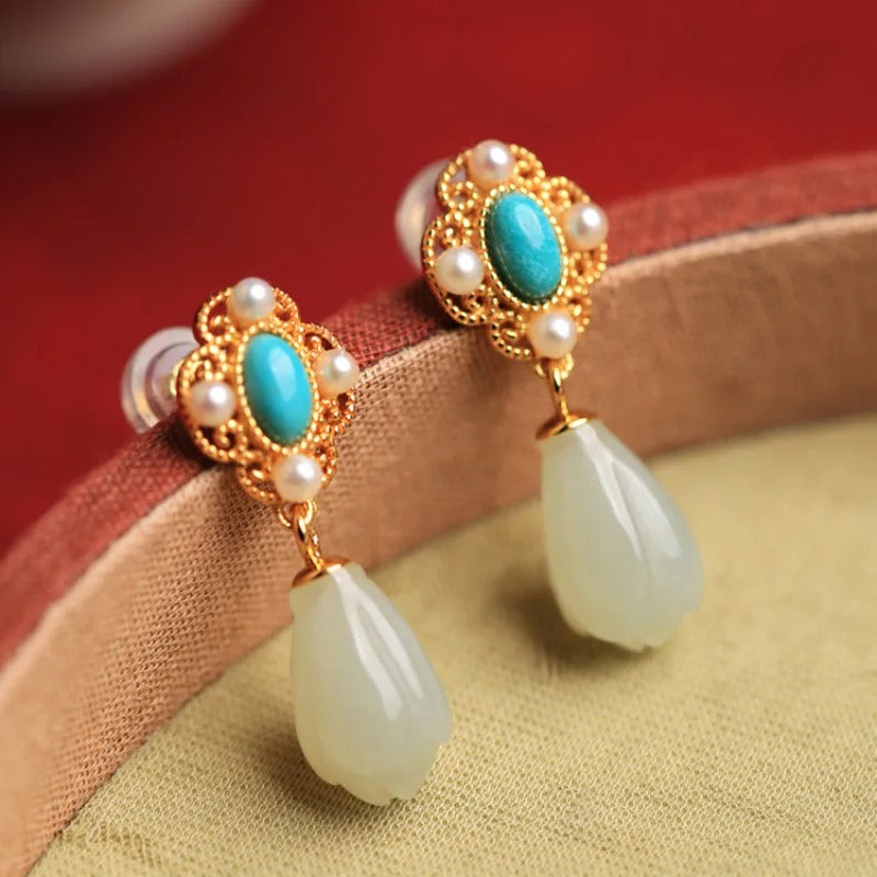 Classic Turquoise Pearl Vintage Charm Earrings-Mialla Jewelry