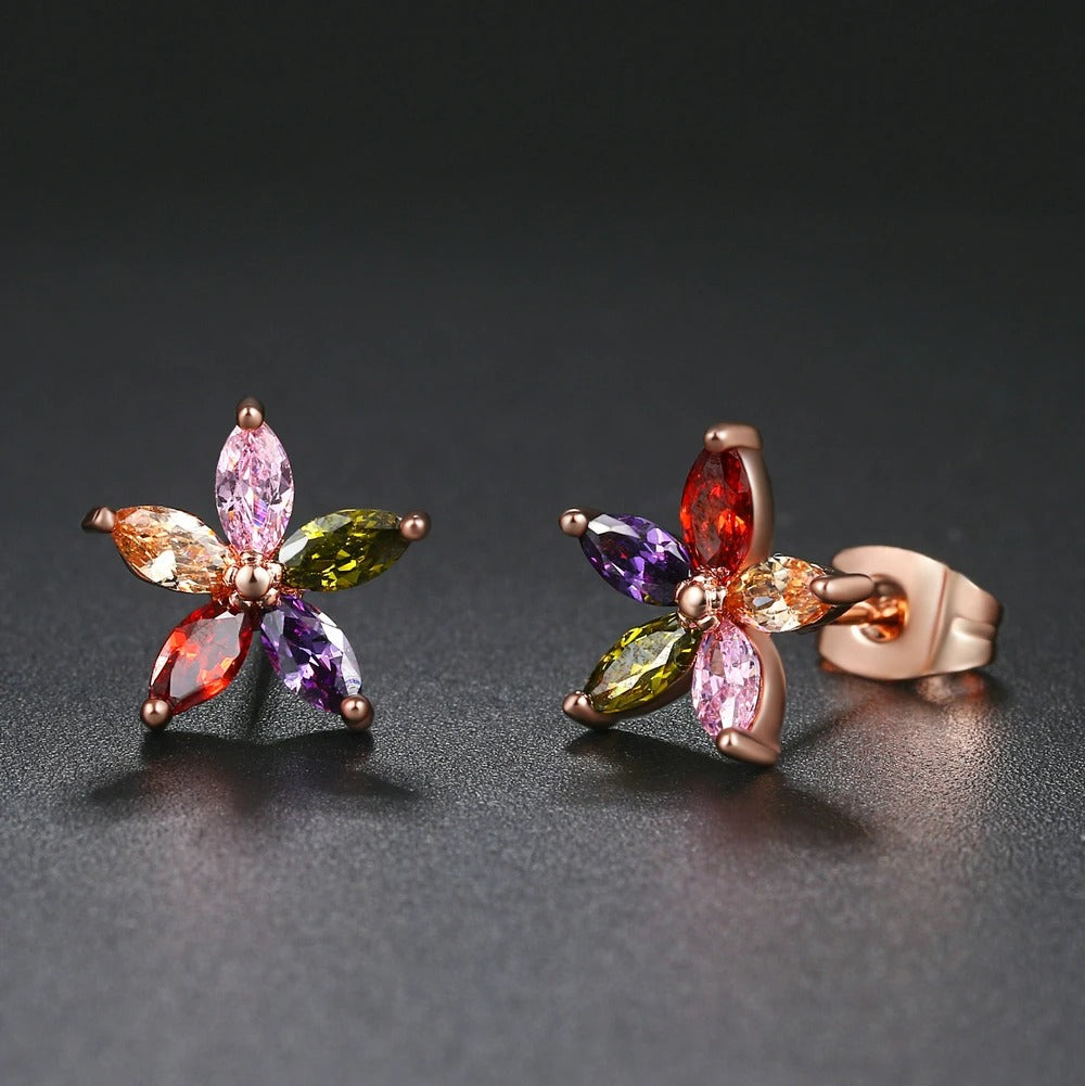 Timeless Rose Gold Flower-Shaped Vibrant Gemstone Earrings-Mialla Jewelry
