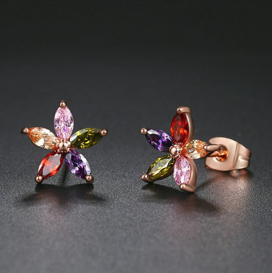 Timeless Rose Gold Flower-Shaped Vibrant Gemstone Earrings-Mialla Jewelry