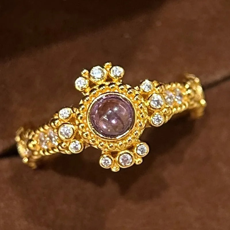 Antique-Inspired Gold & Purple Stone Floral Adjustable Ring-Mialla Jewelry