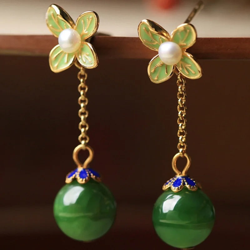 Vintage Gold Pearl Fresh Flower & Green Gemstone Earrings-Mialla Jewelry
