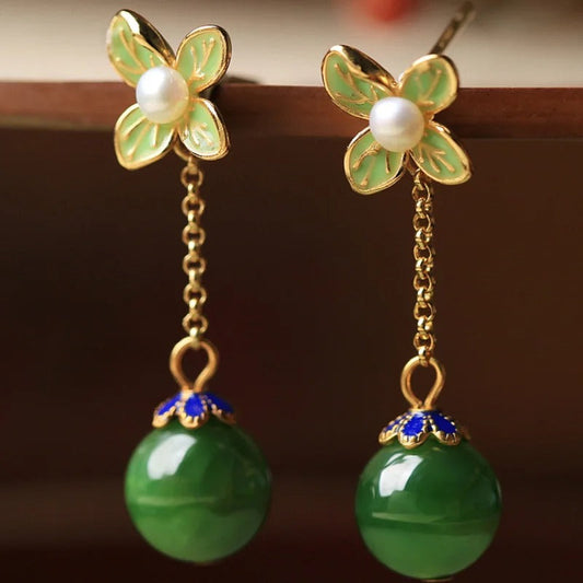 Vintage Gold Pearl Fresh Flower & Green Gemstone Earrings-Mialla Jewelry