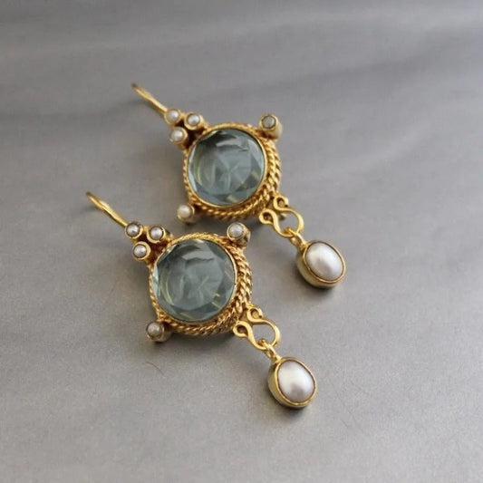 Vintage Blue Glass & Pearl Drop Earrings-Mialla Jewelry