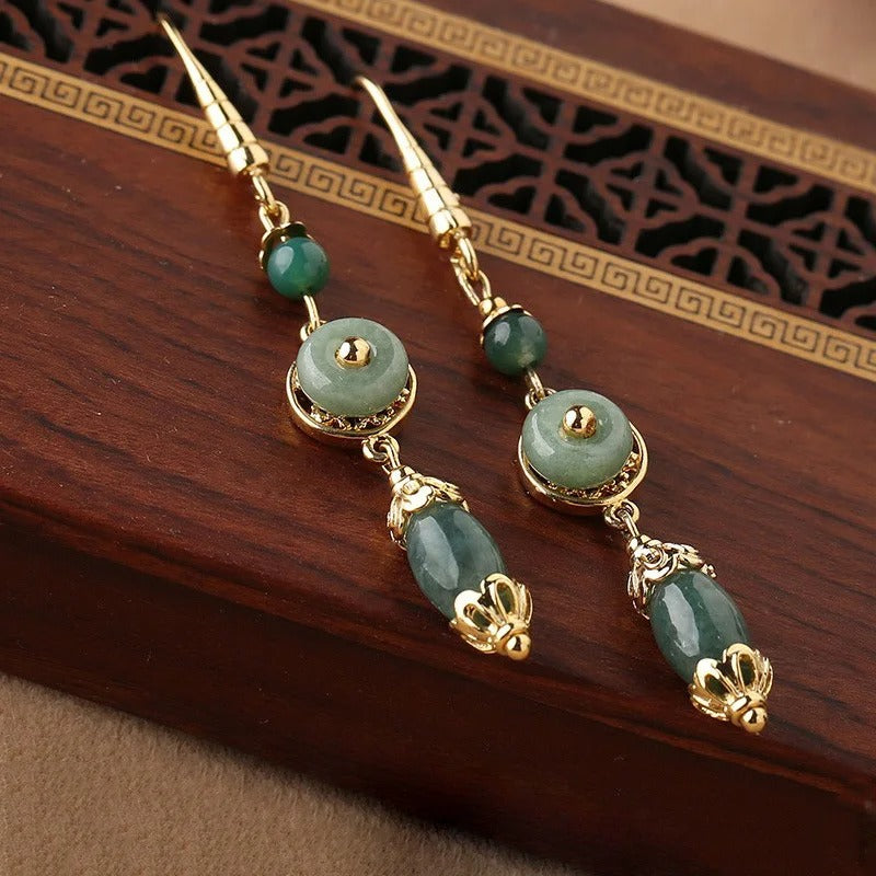 Classic Gold & Green Gemstone Drop Jasper Earrings-Mialla Jewelry