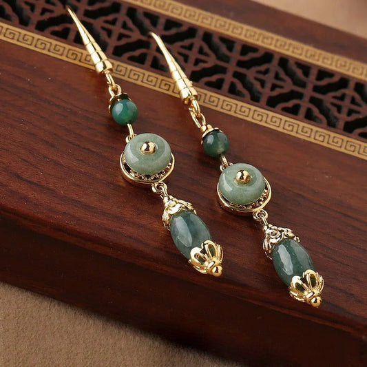 Classic Gold & Green Gemstone Drop Jasper Earrings-Mialla Jewelry