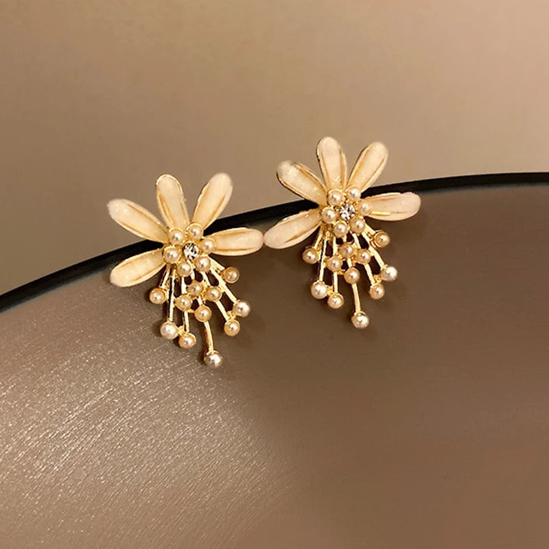 Gold Floral Pearl Beads Earrings-Mialla Jewelry