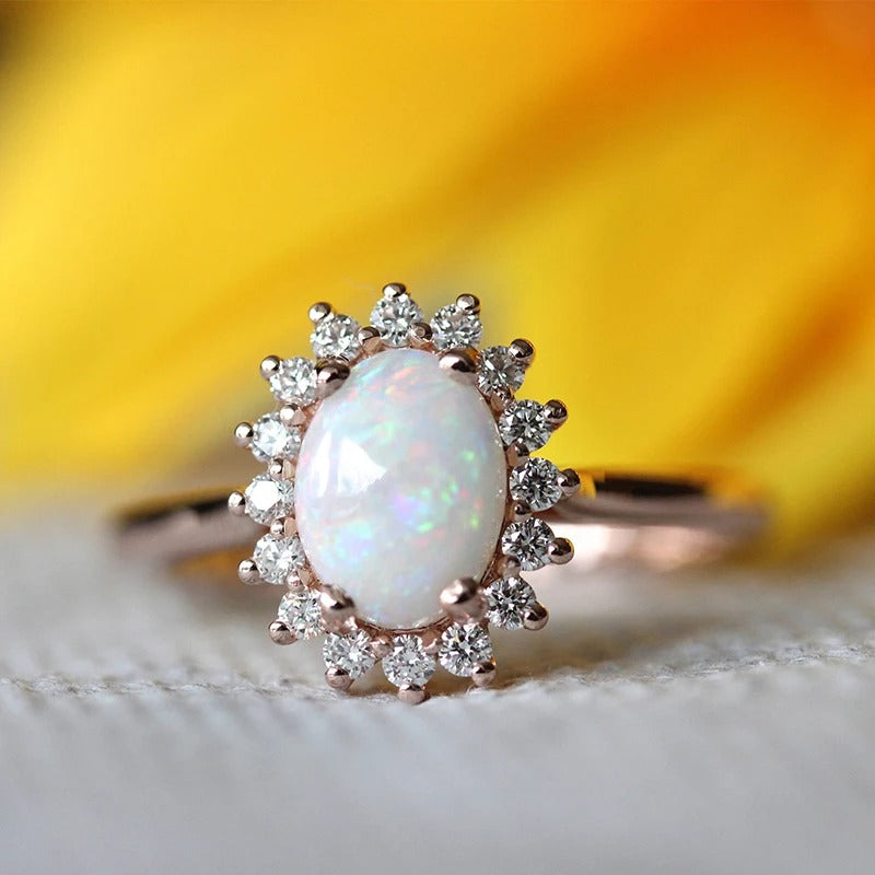 Vintage Rose Gold Oval Opal Gem & Radiant Crystal Border Ring-Mialla Jewelry