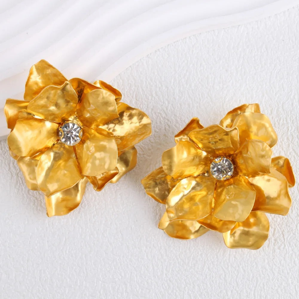 Gold Big Artistic Floral Crystal Earrings-Mialla Jewelry