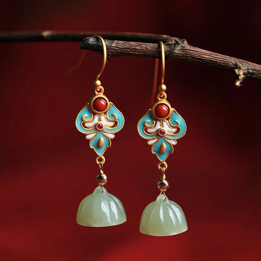Vintage Gold Enamel & Coral Teardrop Earrings-Mialla Jewelry