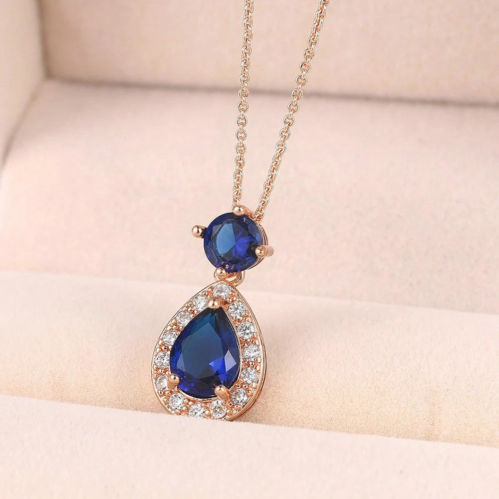 Antique Style Rose Gold Blue Oval Gem & Teardrop Pendant Necklace-Mialla Jewelry