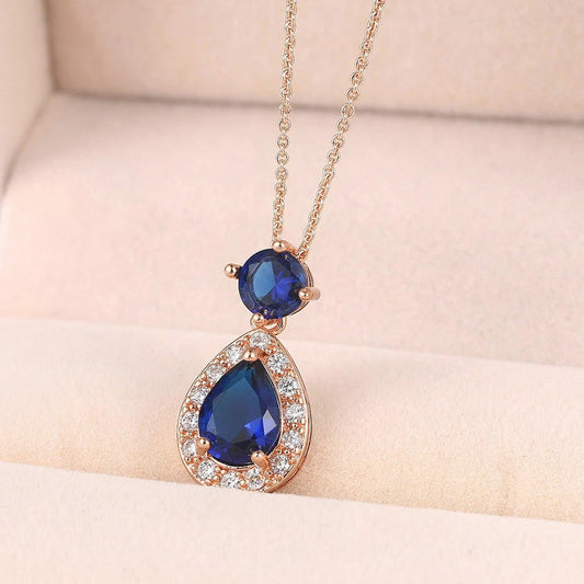 Antique Style Rose Gold Blue Oval Gem & Teardrop Pendant Necklace-Mialla Jewelry
