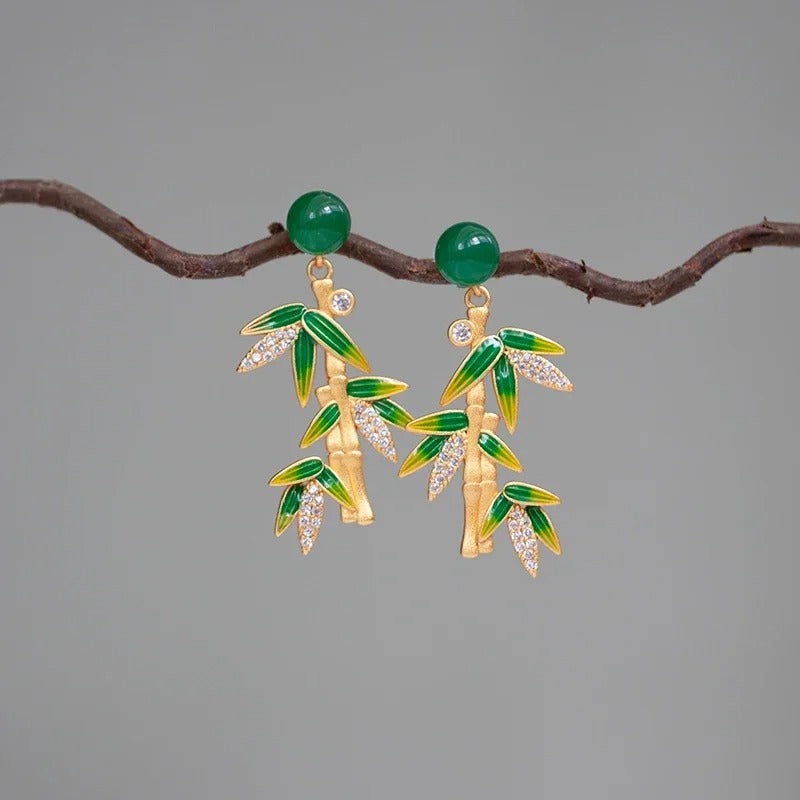 Vintage Gold Jade Green Bamboo Leaf Earrings-Mialla Jewelry
