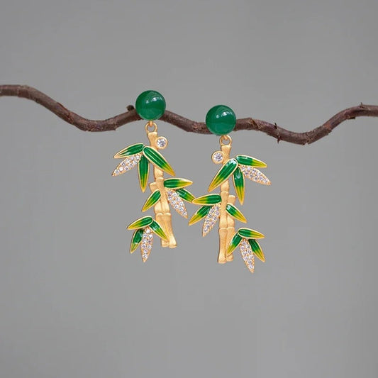 Vintage Gold Jade Green Bamboo Leaf Earrings-Mialla Jewelry