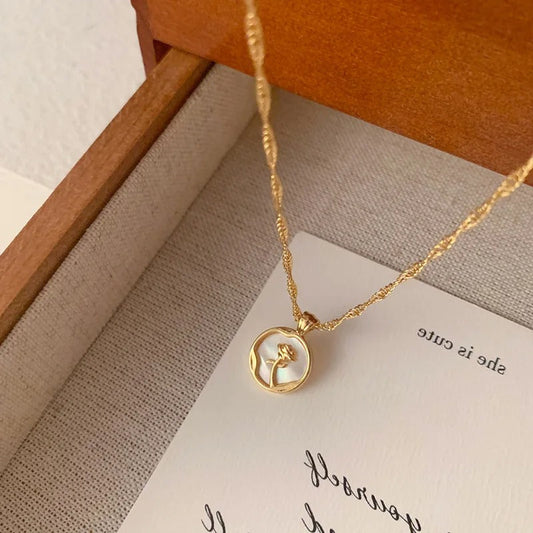 Vintage Gold Round Frame Rose Pendant Necklace-Mialla Jewelry