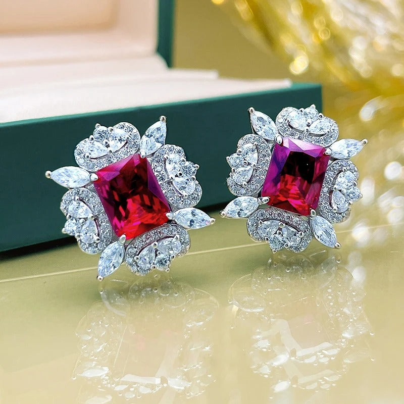 Silver Red Gem Floral Earrings-Mialla Jewelry
