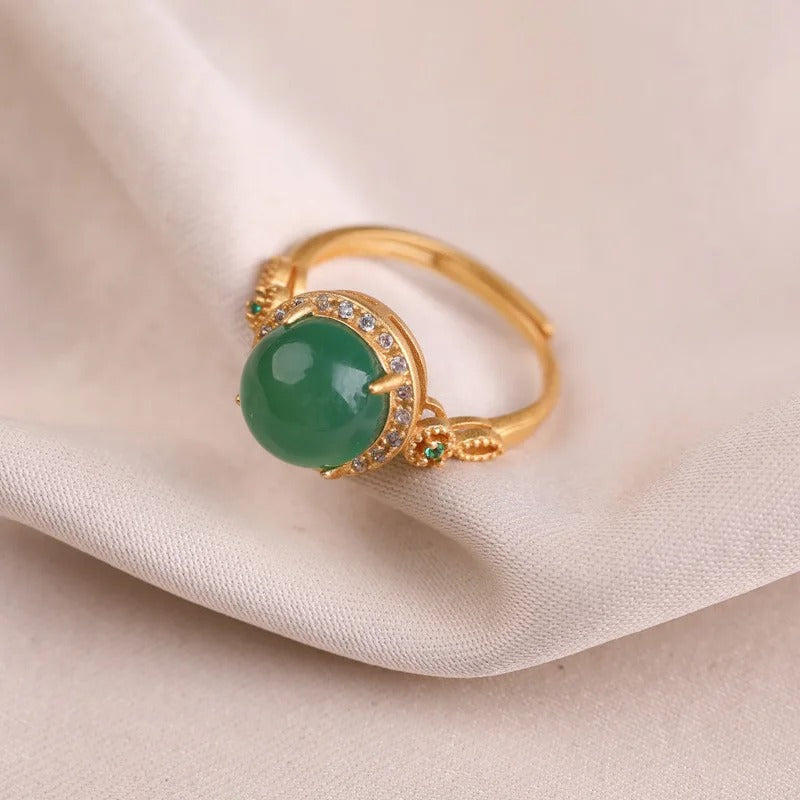 Vintage Gold Green Gemstone & Shiny Crystal Adjustable Ring-Mialla Jewelry