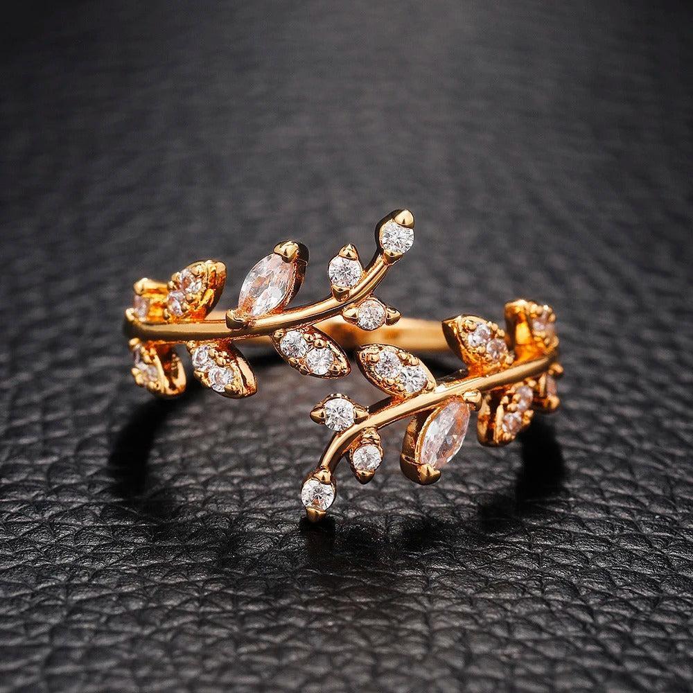 Gold Sparkling Leaf Branch Adjustable Ring-Mialla Jewelry