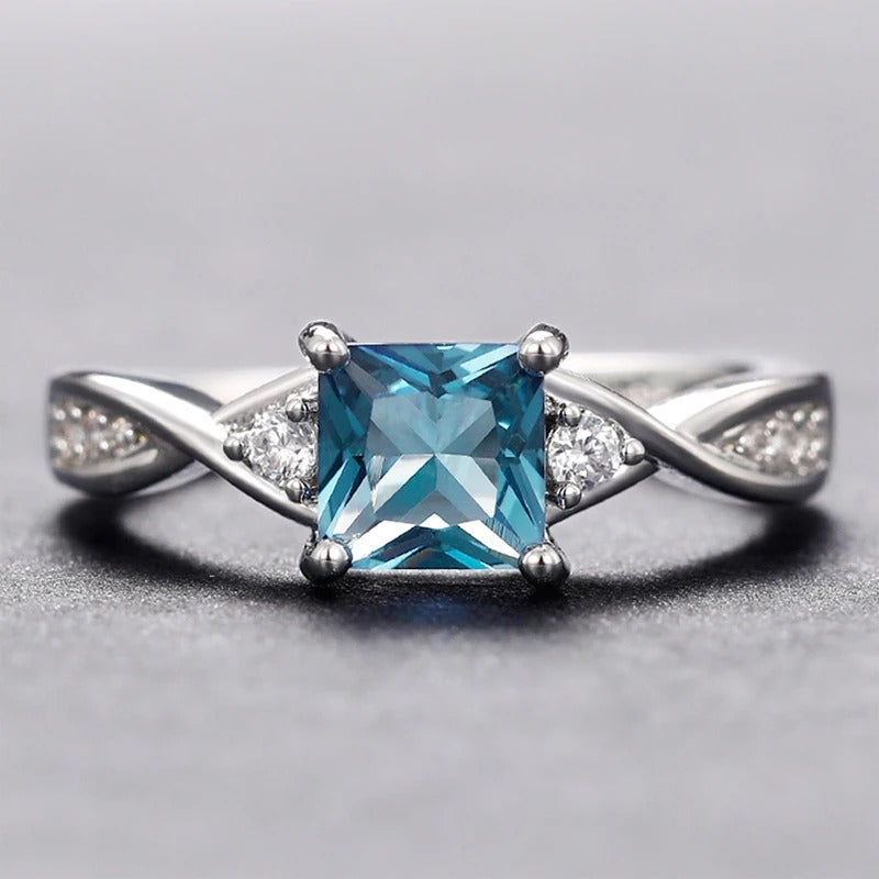 Vintage Blue Princess Cut Silver Ring-Mialla Jewelry
