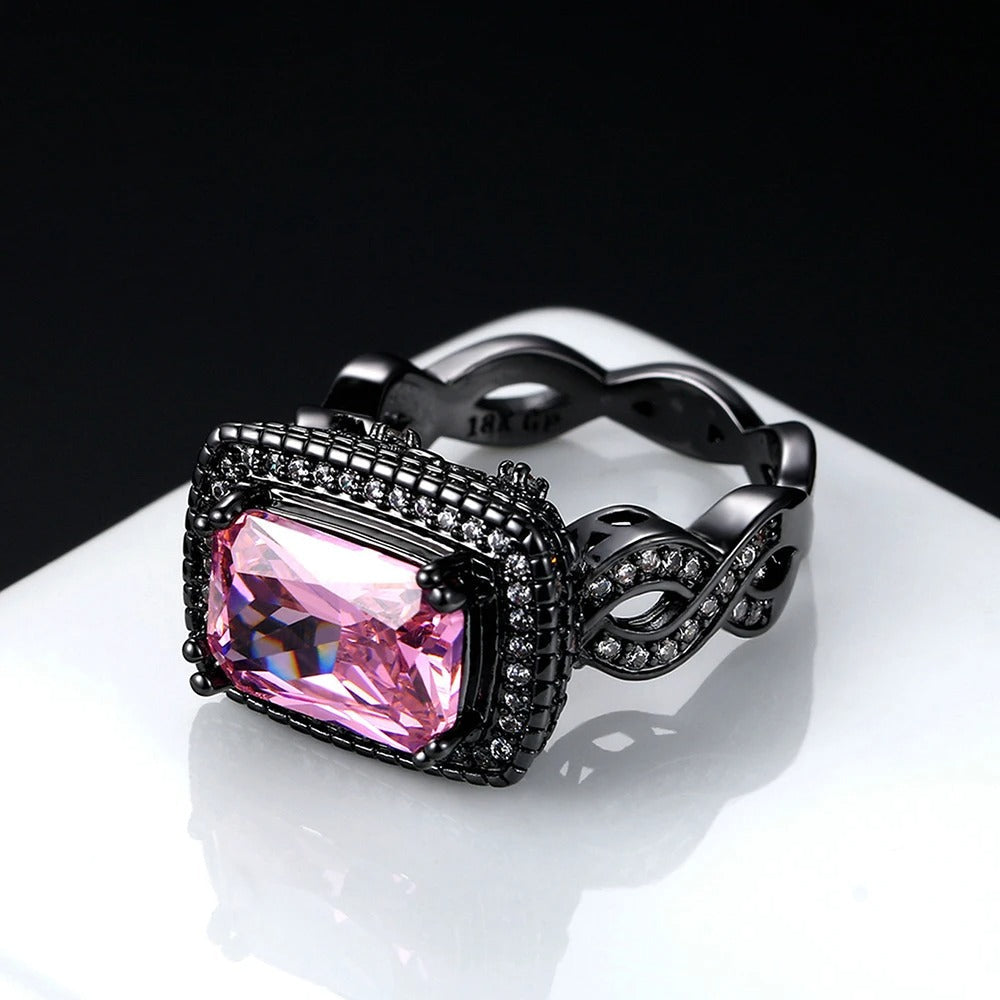Pink Gemstone & Intricate Black Gold Band Ring-Mialla Jewelry