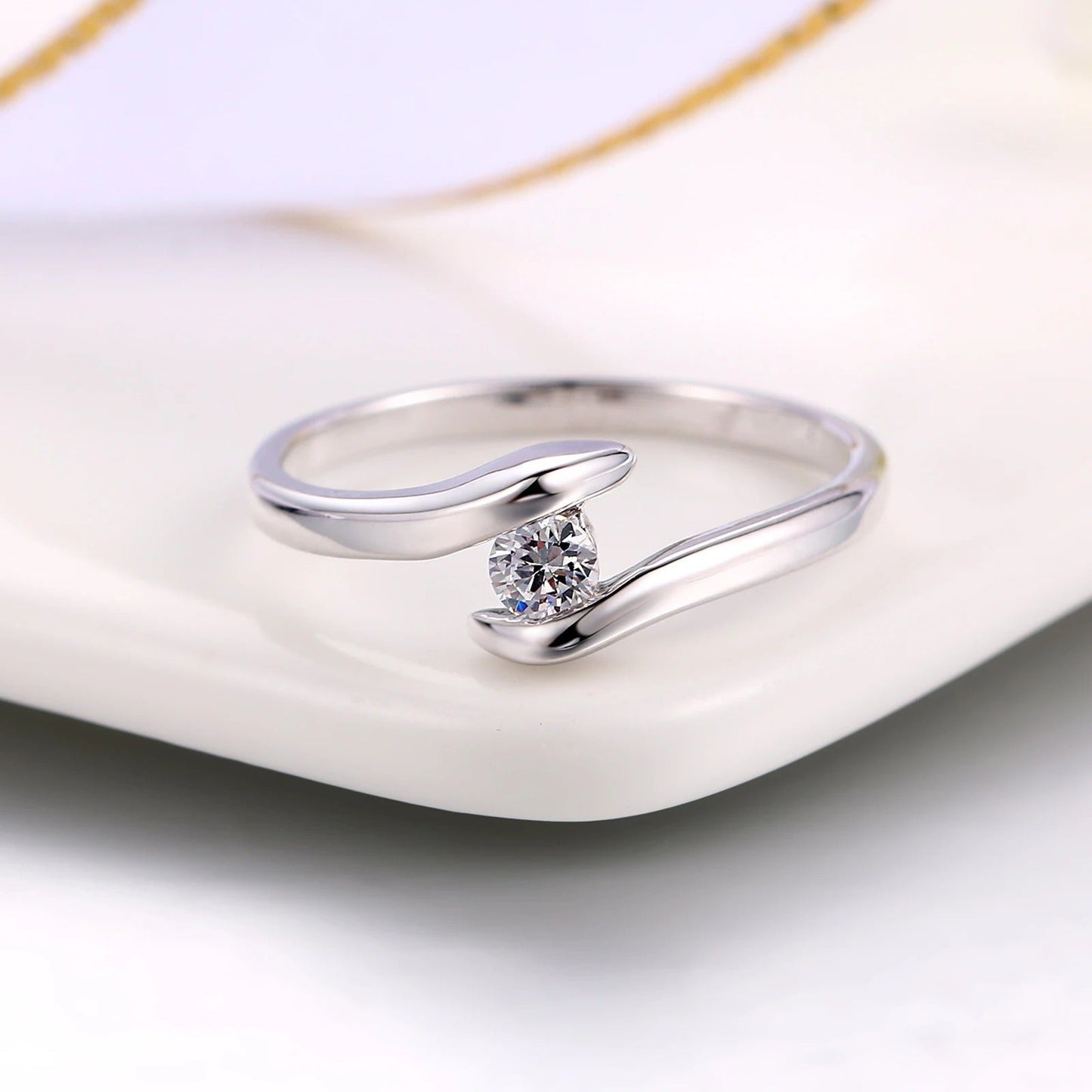 Silver Curved Band & Brilliant Center Diamond Ring-Mialla Jewelry