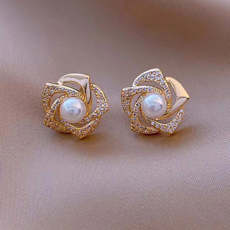 Spiral Pearl Petal Flower Stud Earrings-Mialla Jewelry