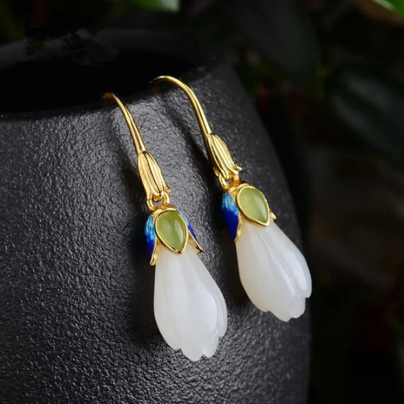 Classic Gold & White Flower Green Stone Dangle Earrings-Mialla Jewelry
