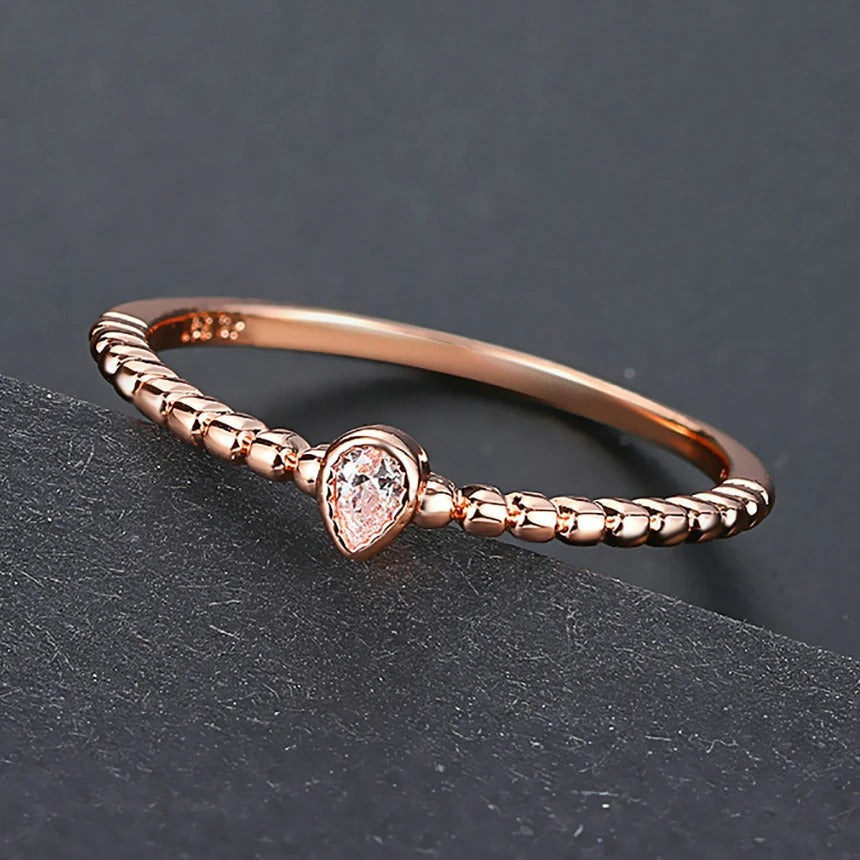 Vintage Rose Gold Pink Crystal Tear Drop Ring-Mialla Jewelry