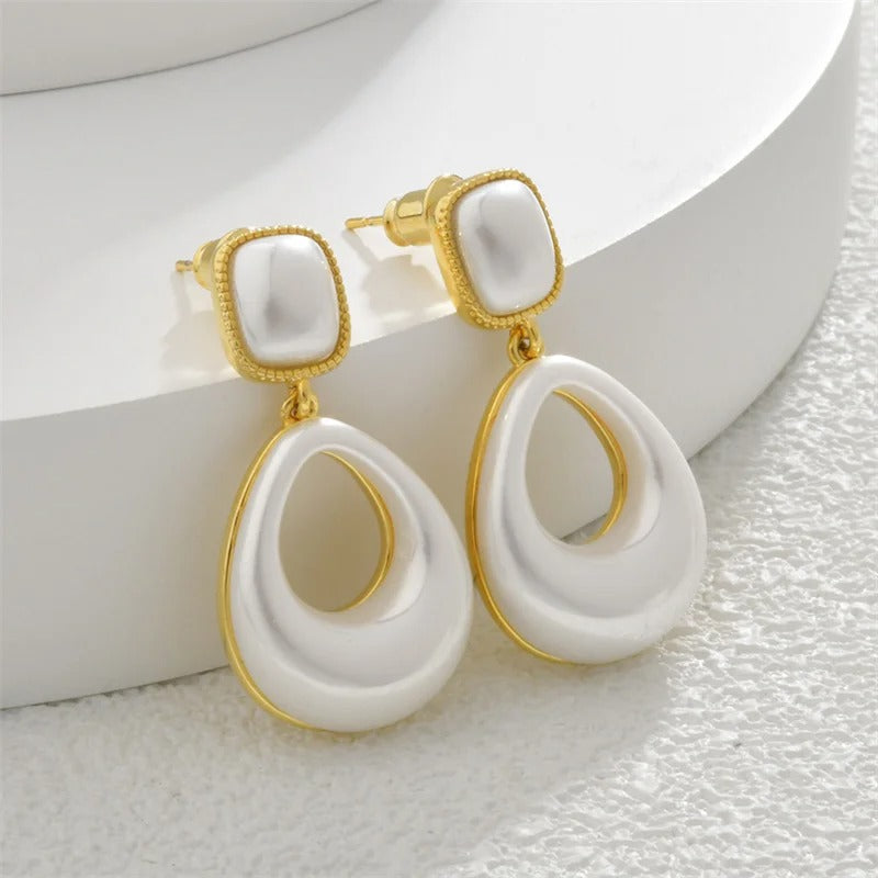 Vintage Gold & White Teardrop Square Stud Earrings-Mialla Jewelry