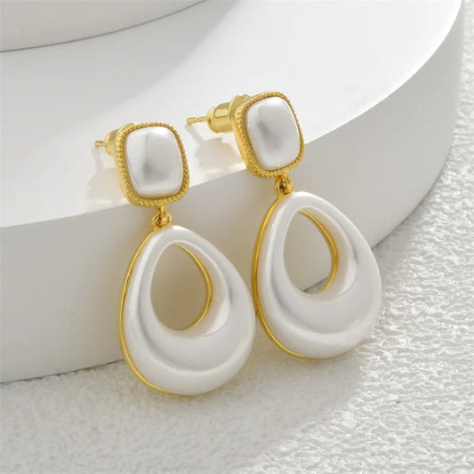 Vintage Gold & White Teardrop Square Stud Earrings-Mialla Jewelry