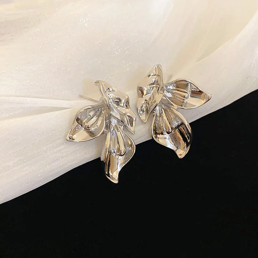 Vintage Silver Curved Leaf-Shaped Earrings-Mialla Jewelry