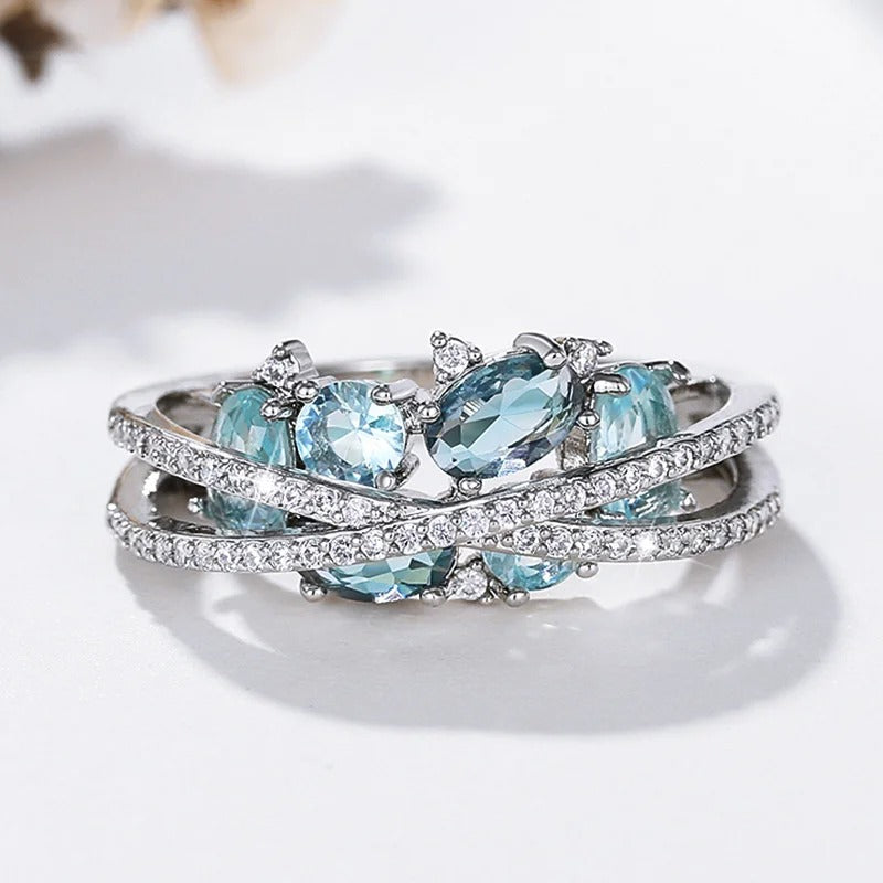 Silver Blue Gemstone Cross Ring-Mialla Jewelry
