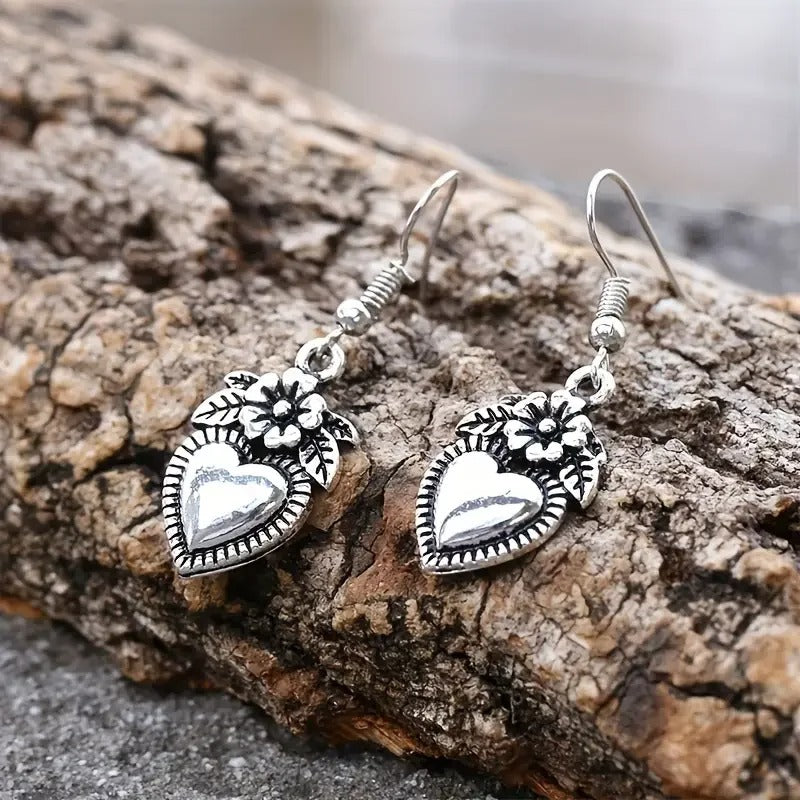 Vintage Silver Floral Heart Earrings-Mialla Jewelry