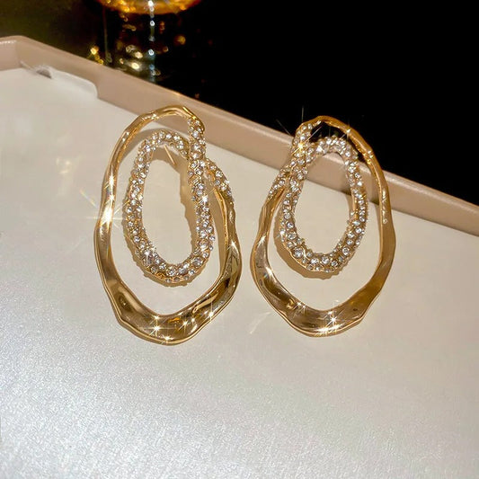 Vintage Gold Sparkling Crystal-Studded Oval Frame Earrings-Mialla Jewelry