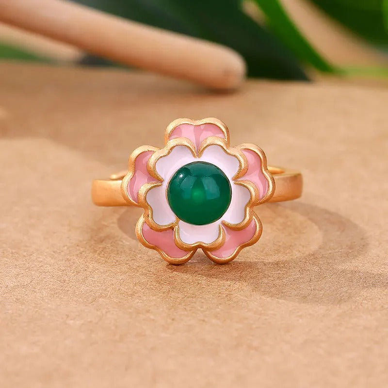 Retro Floral Gold Green Stone & Pink Flower Adjustable Ring-Mialla Jewelry
