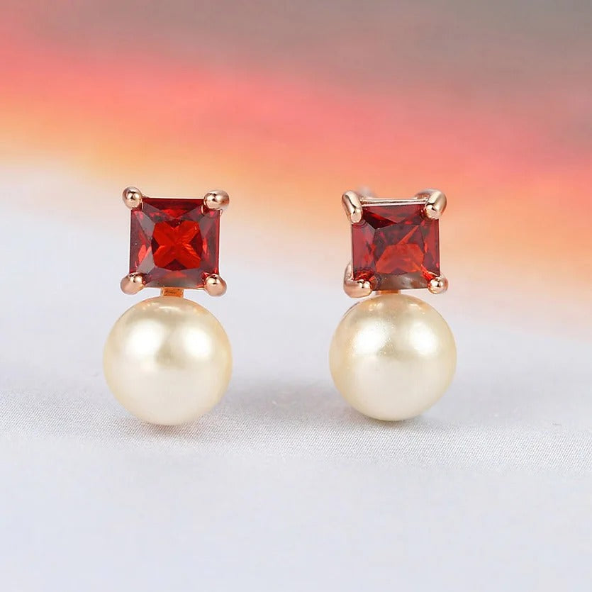 Classic Red Stone & Pearl Rose Gold Retro Charm Earrings-Mialla Jewelry