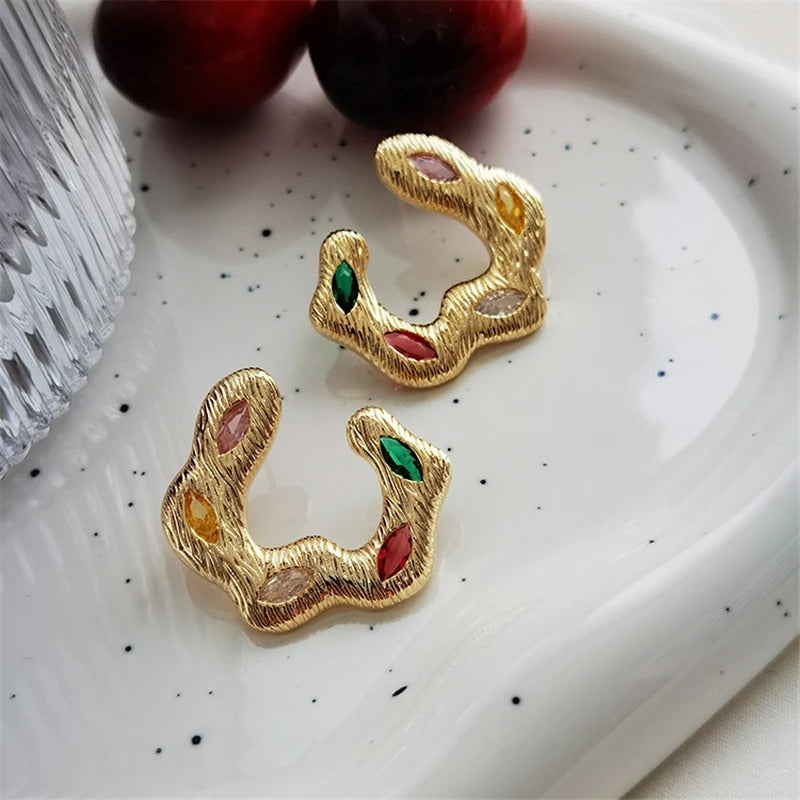 Gold Wavy Multi-Color Gemstones Earrings-Mialla Jewelry