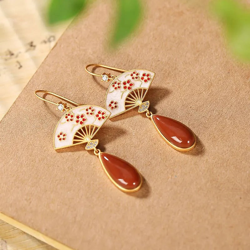 Vintage Gold & Red Floral Fan Drop Earrings-Mialla Jewelry