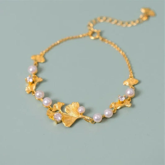 Classic Gold Ginkgo Leaf Pearl Bracelet-Mialla Jewelry